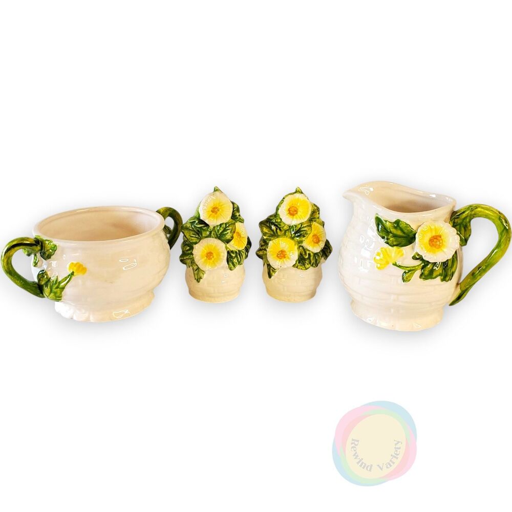 Vintage Lefton Rustic Daisy Basketweave Creamer Shaker Set
